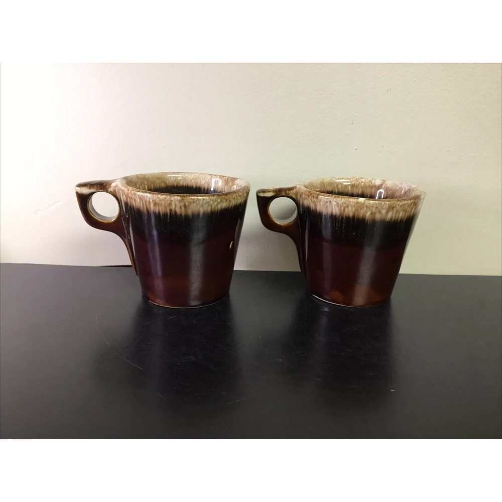 Vintage Hull Brown Drip Glaze Pottery Set Of 2 Coffee Mugs Cups W/O Ring Handle